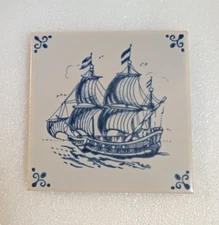 Vtg MOSA Dutch Blue Sailboat Clipper Ship Nautical Tile Art Holland Hand Painted