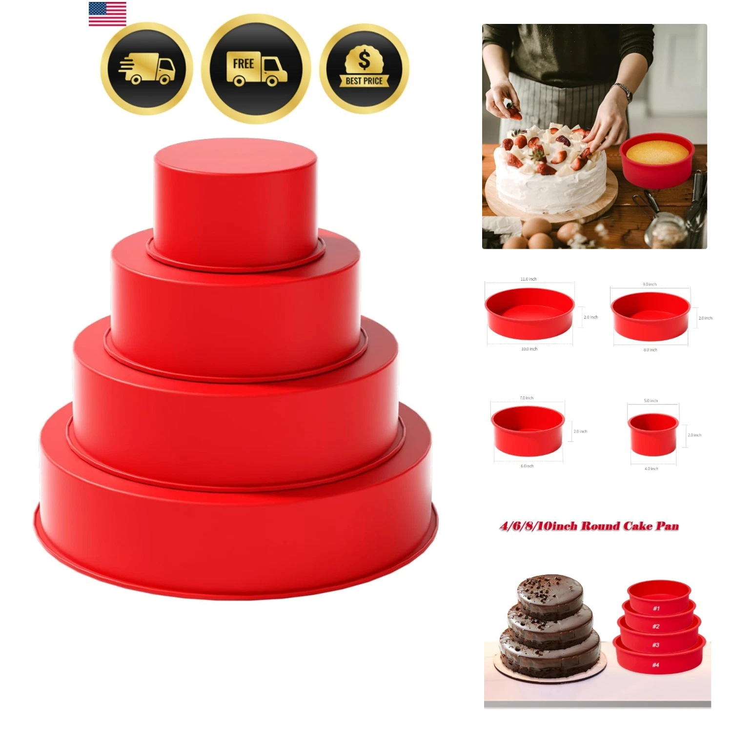 4 packs Silicone Cake Pans, Nonstick Silicone Round Cake Molds for baking, si...