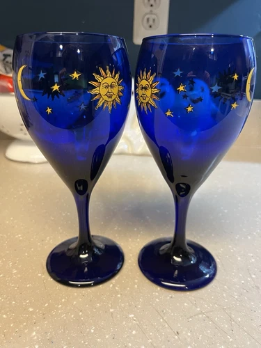 Vintage Pair Libbey Celestial Cobalt Blue Moon Sun Stars Goblet Wine Glass 7.25”