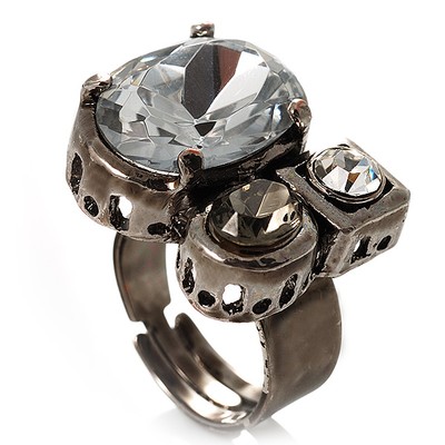 Auffälliger Kristall Cluster Cocktail Ring (klar & dunkelgrau)