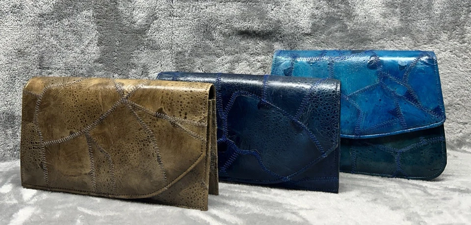 Lote de 3 clutch Saldana vintage de retazos de cuero — azul y tostado | vendedor de EE. UU. Foto 2 de 4