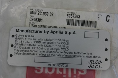 Hersteller Datenschild Constructor Datenblatt Aprilia SR H2O 50 (DiTech+Carb)