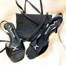 Nina Sling Back, Blk Dress Sandal , 3", Rhinestone bkle, Leather, 8 1/2, w/Purse