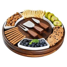  Lazy Susan Table Top Cheeseboard- Acacia Wood Rotating Serving Round 13.5"