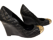 Tory Burch Black Quilted Leather Katlin Cap Toe Wedge Size 7 Double "T" Logo