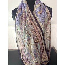 Talbots Purple Paisley 100 Silk Sheer Scarf with Eyelash Fringe 58x12