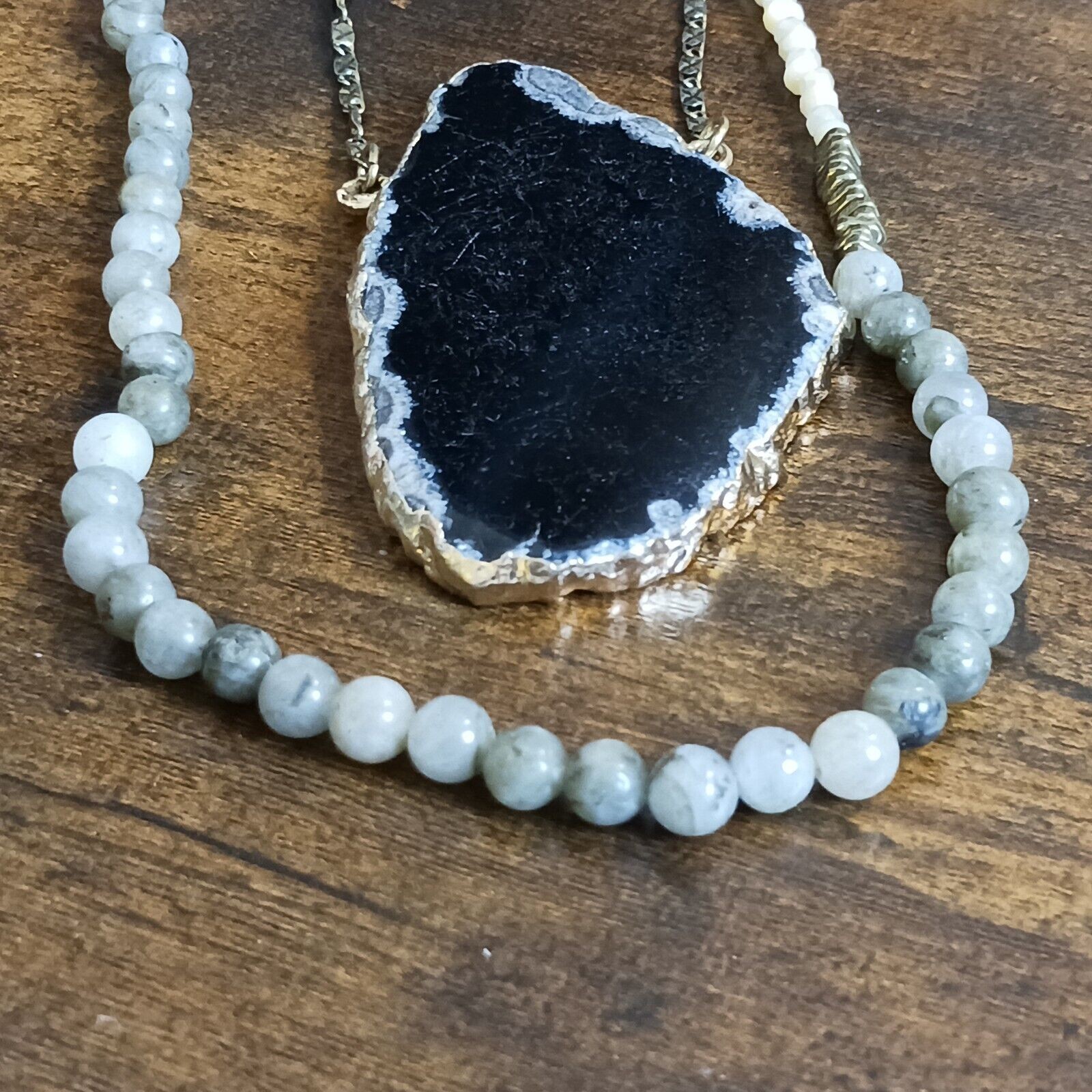 Boho Statement Necklace Dark Agate Geode Slice Pe… - image 3