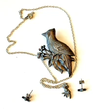 VTG 3 PIECE TORINO PEWTER BIRD BROOCH EARRINGS AND NECKLACE NOT MARKED