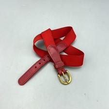 Women Webbing Belt Small Red Leather Trim Elastic Solid Brass Buckle Made in USA