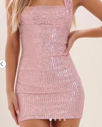 Lucy in the Sky-Sequin Halter Mini Bodycon Dress Tie Pink size XXS
