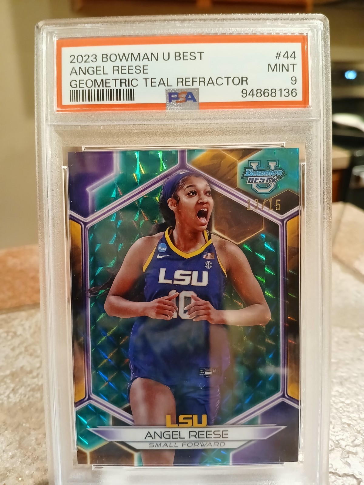 2023 Bowman U Best Angel Reese PSA 9 Geometric Teal Refractor #/15 Rookie (RC) view 3