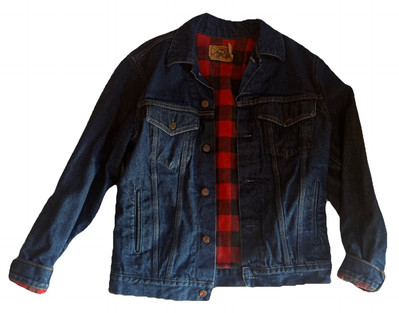 Vintage Plains Pockets Plaid Lined Denim Jacket Size 38 Tall