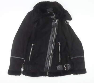 Pull&Bear Bikerjacke Damen schwarz mit Kunstfell gefüttert XS