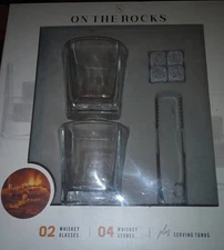 On The Rocks Whiskey Set With Tongs 2 Glasses 4 Chilling Stones Ships Fast ✅