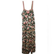 LOFT Paradise Tiered Maxi Dress Green Pink Floral Palm Leaf Linen Blend NWT