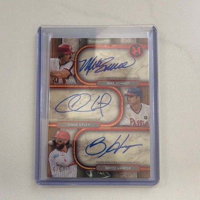 2025 Topps Museum Bryce Harper, Mike Schmidt, Chase Utley Triple Autograph 5/5