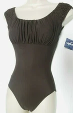  CAPEZIO Pleated bustline chocolate Cap Sleeve leotard Expresso w/Gold ladies 