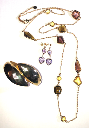 Gold Simulated Gemstone Station Necklace Stella & Dot +Bracelet Earrings 7436