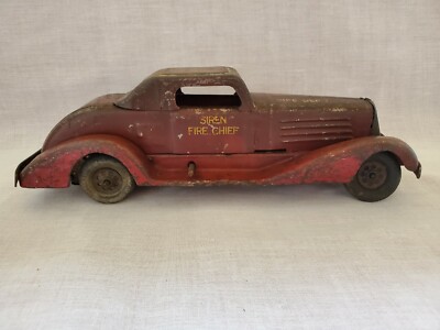 1930's Marx Pressed Steel Windup Red Siren Fire Chief Toy Car 14.5
