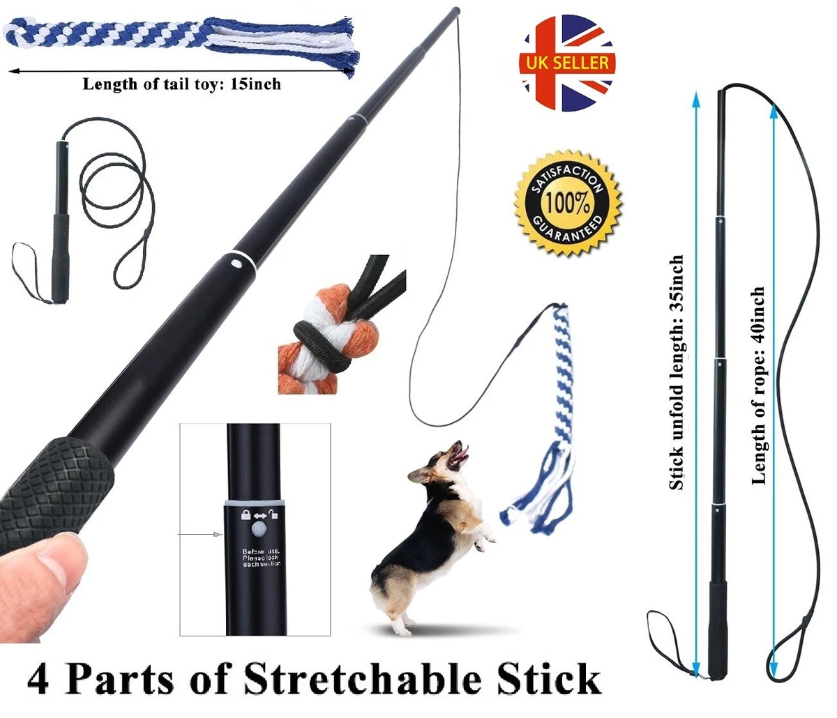 Extendable Teaser Wand Dog Toy Stick Flirt Fishing Pole for Dogs