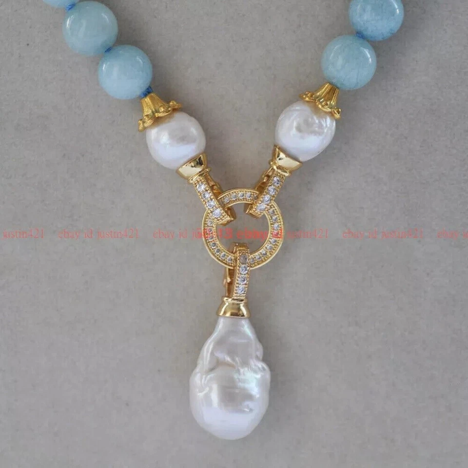 Collar Colgante Perla Barroca Keshi Blanco Cuentas Gemas Aguamarina Azul Natural Foto 3 de 4