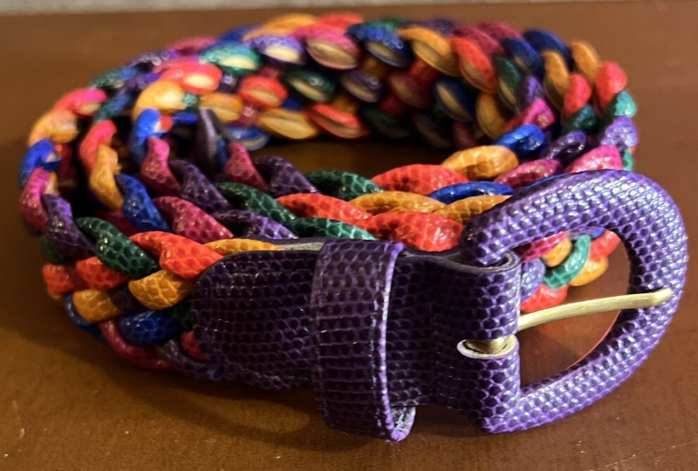 Leather Belt Womens 48” Bright Multicolor Woven Braided Covered Buckle-image