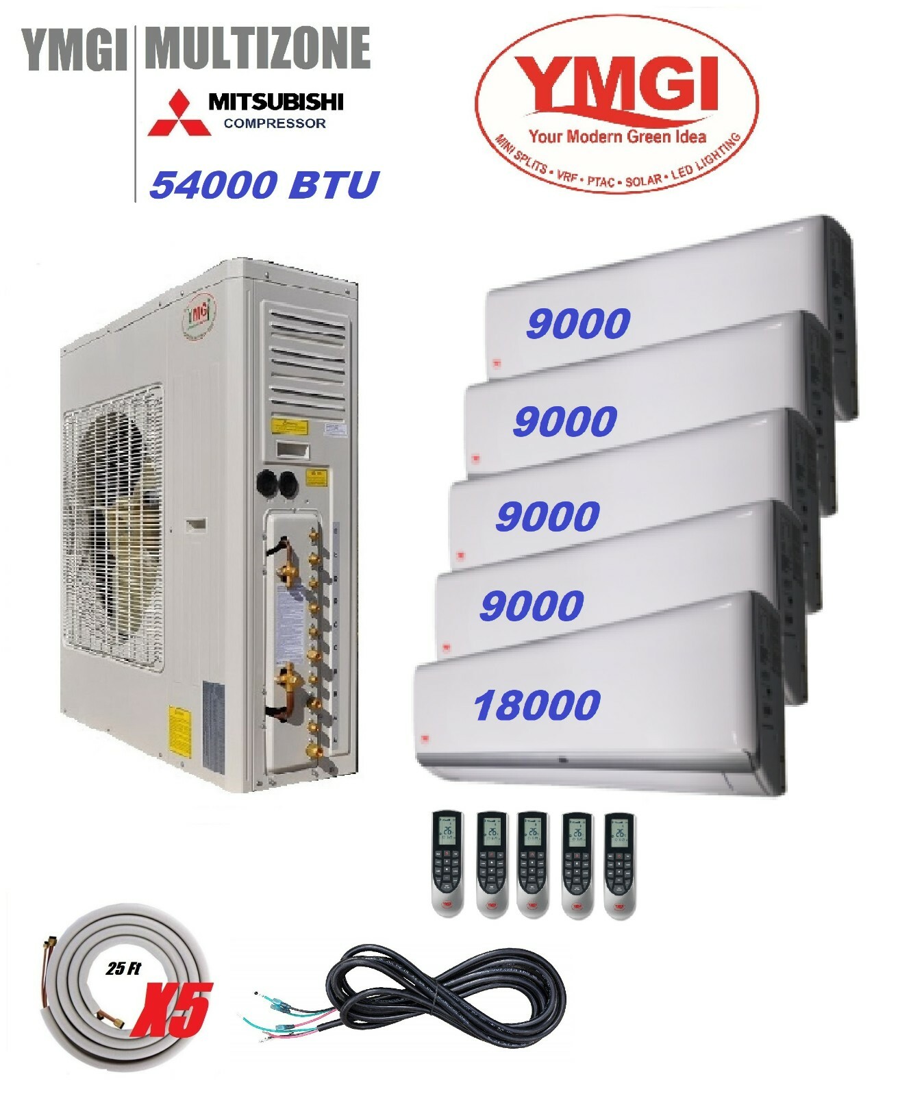 YMGI 54000BTU 5 Zone Ductless Mini split AC Heat Pump 9k+9k+9k+9k+18k LKJ2  | eBay
