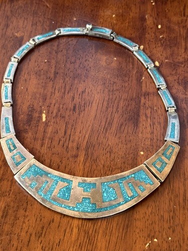 Vintage Mexico 925 Sterling Silver Turquoise Maze Inlay Collar Necklace Choker - Picture 14 of 15
