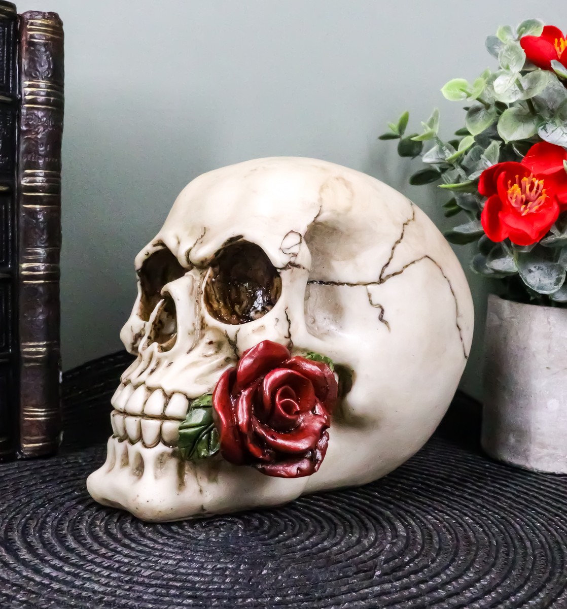 Romantic Goth Skull Biting A Stalk Of Red Rose Statue Lover Never