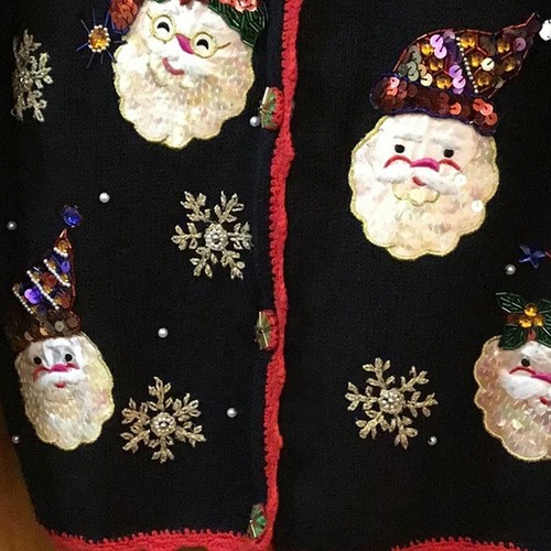 Vintage Hasting & Smith Embellished Christmas Sweater Santa Faces~Size M - Picture 2 of 7