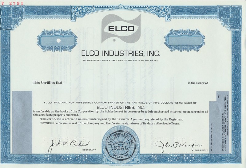 Rare Vintage Elco Industries Rockford Ill Specimen Stock Certificate 1969