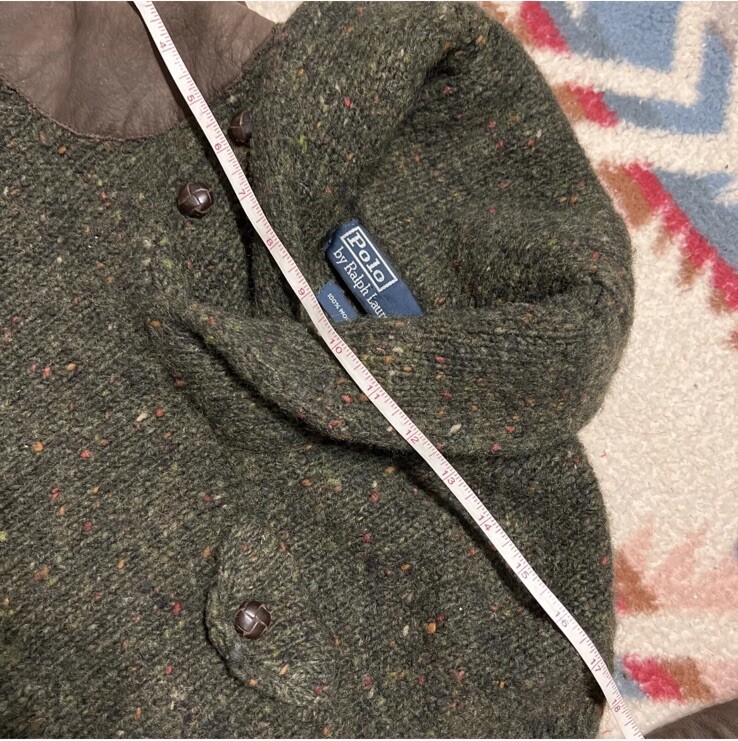 Polo Ralph Lauren Sweater Shawl Hand Knit RRL Suede Patchwork Wool