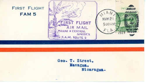 1929 First flight cover FAM 5-3 Fam 5 Miami to Managua w/ Scott# 568 w/ plate #