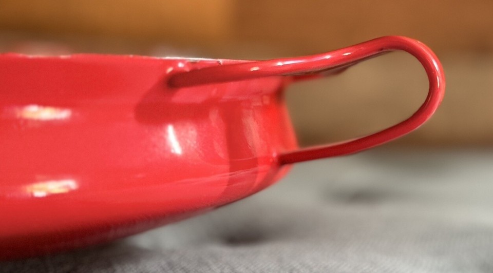 Vintage DANSK FRANCE IHQ RED ENAMEL PAELLA PAN Skillet w/ Handles Round