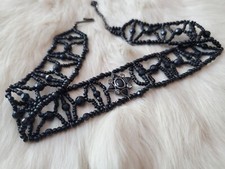 Unique Gothic Victorian Black Glass Bead Choker 15" Necklace Rhinestone Hook