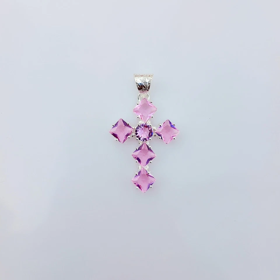 Rose Quartz Cross Pendant 925 Sterling Silver Handmade Gemstone Jewelry 2.20" - Image 4 of 4
