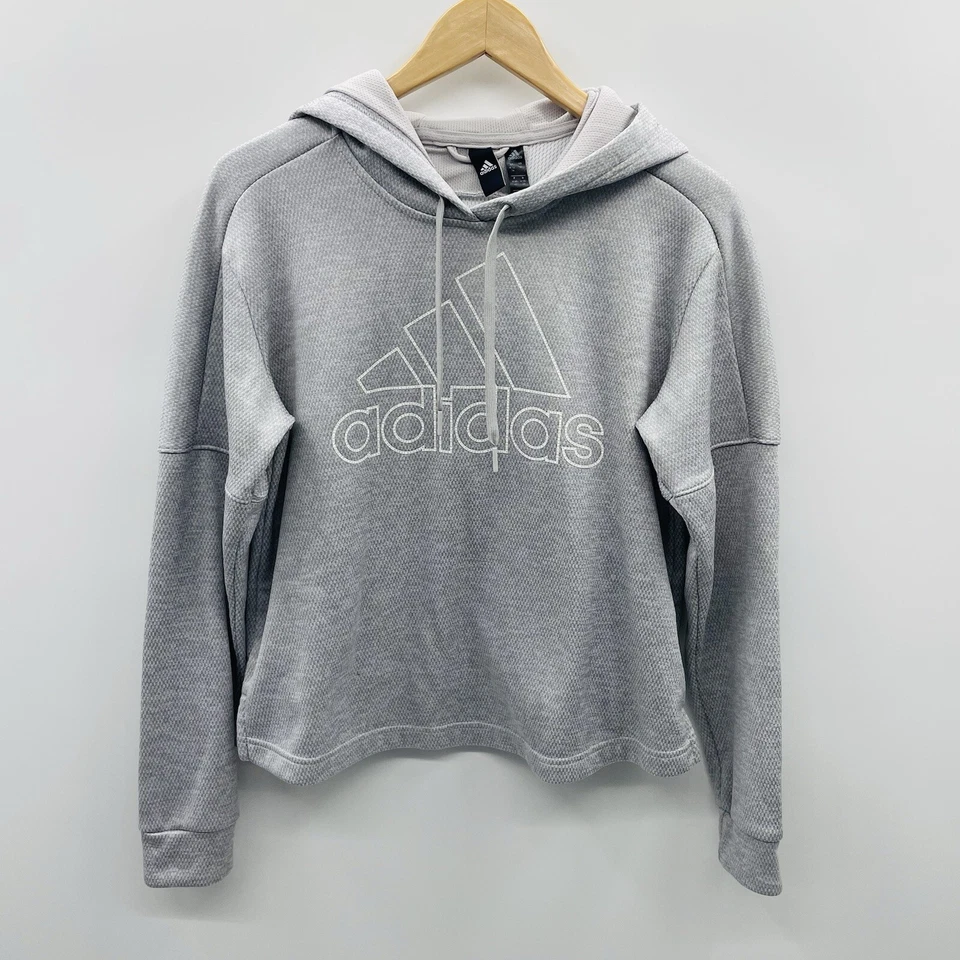 Adidas Mujer Talla Mediana DH8153 Pullover Recortado Logo Sudadera con Capucha en Gris Foto 3 de 4
