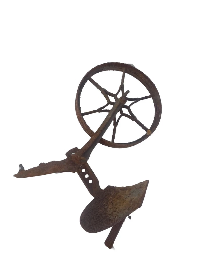  Antique  12" FORGED IRON FARM WHEEL & HOE On 5.5' Long Wood Bar 15" Handle - Image 3 of 4