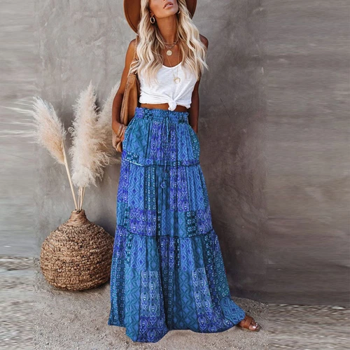Bohemian Rock Patchwork Langrock Boho Ethno Print Maxi Retro A-Linie Plissee - Bild 14 von 40