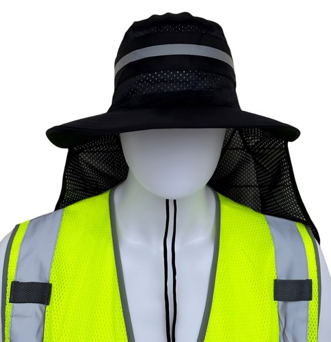 Hi Vis Reflective Work Safety Neck Flap Boonie Hat Black Bucket Cap - Picture 2 of 3