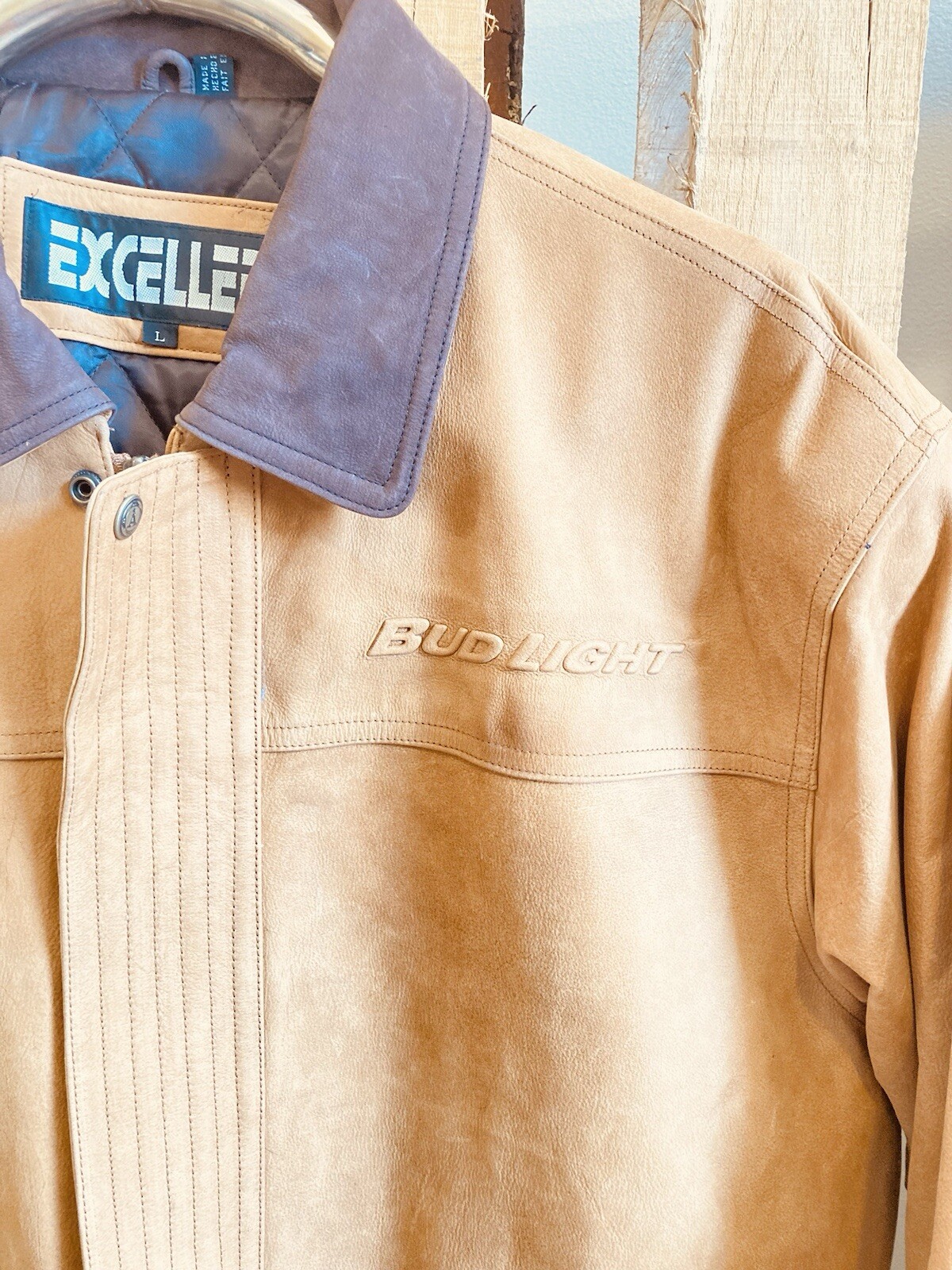 Vintage 90s L NWOT RARE Bud Light Tan Shearling Leather Jacket Full Zip Coat image 3