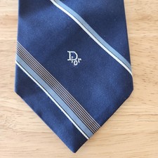 Vintage Christian Dior Silk Signature Logo Blue White Stripe Neck-Tie 54"x3"