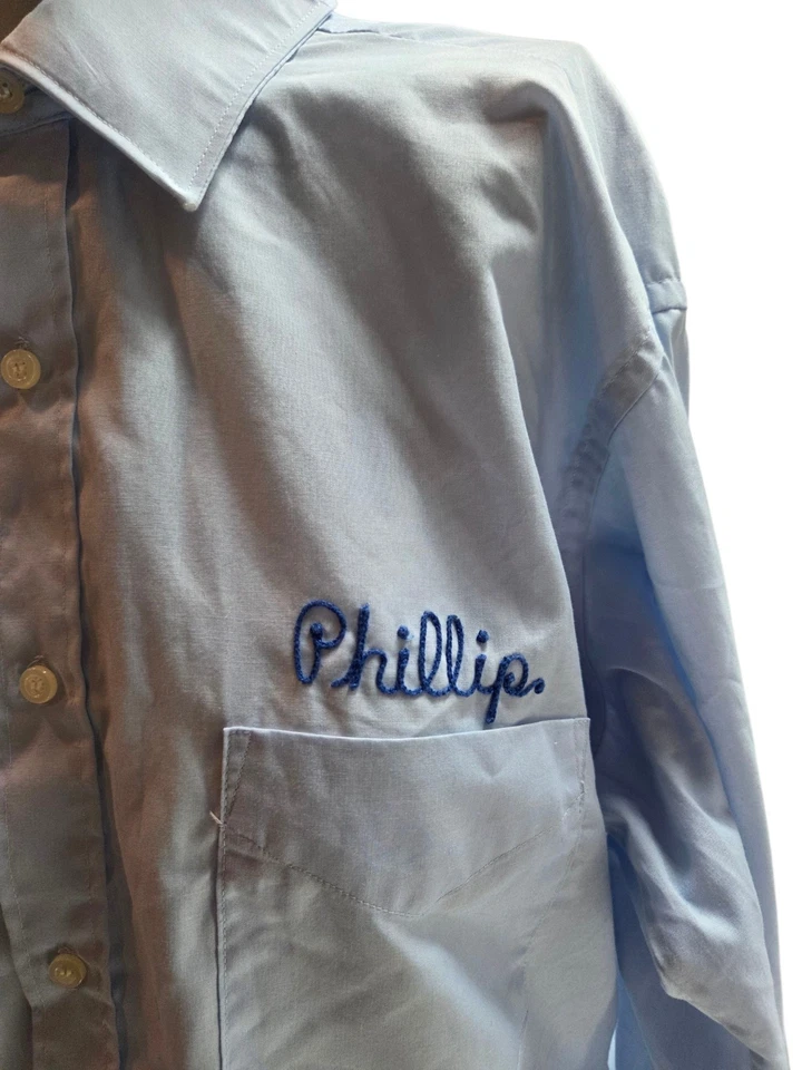 Van Huesen Men's Shirt 16/33 Vintage 1970s Blue Chain Stitch Bass Phillip Morris - Image 3 of 4