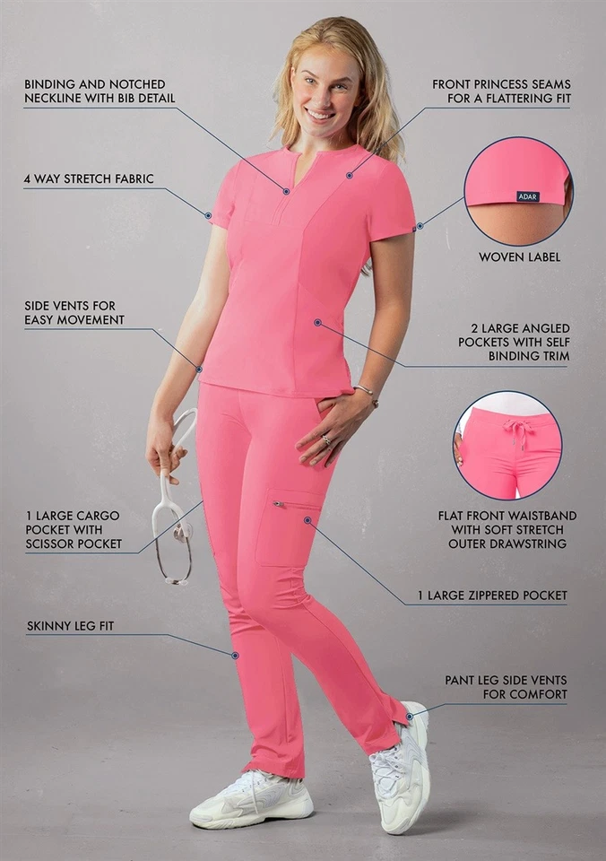 Adar Scrub Set For Women - Bib Front Smock Scrub Top & Skinny Cargo Scrub Pants - Image 3 of 4