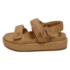 Auth TORY BURCH Kira Sport Sandal - Light Brown Raffia Leather Women's Sandals