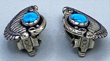 VTG Sterling Silver - NAVAJO SIGNED Blue Turquoise Clip-On Earrings - 8g