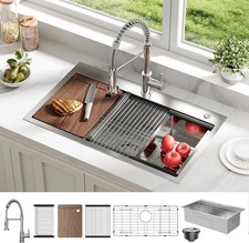 30x18x9 Inch Drop in Kitchen Sink with Pull Down Spring Faucet Single Bowl Sink