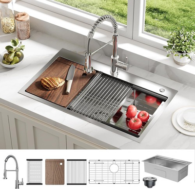 #ad #ad 30x18x9 Inch Drop in Kitchen Sink with Pull Down Spring Faucet Single Bowl Sink $177.59