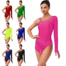 US Women Fringe Latin Figure Skating Costume Ballet Gymnastics Leotard Bodysuit