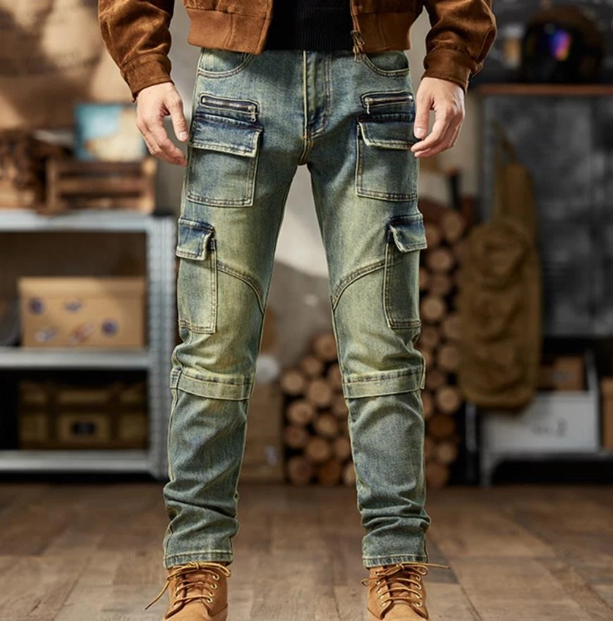 Men's Retro Blue Cargo Pockets Denim Jeans Straight Leg Punk Hip Hop Trousers#A+